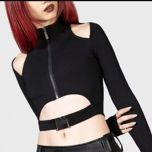 Killstar HELIX hexx Top Cold-Shoulder Cropped Long Sleeves  Built In Belt Zip Up